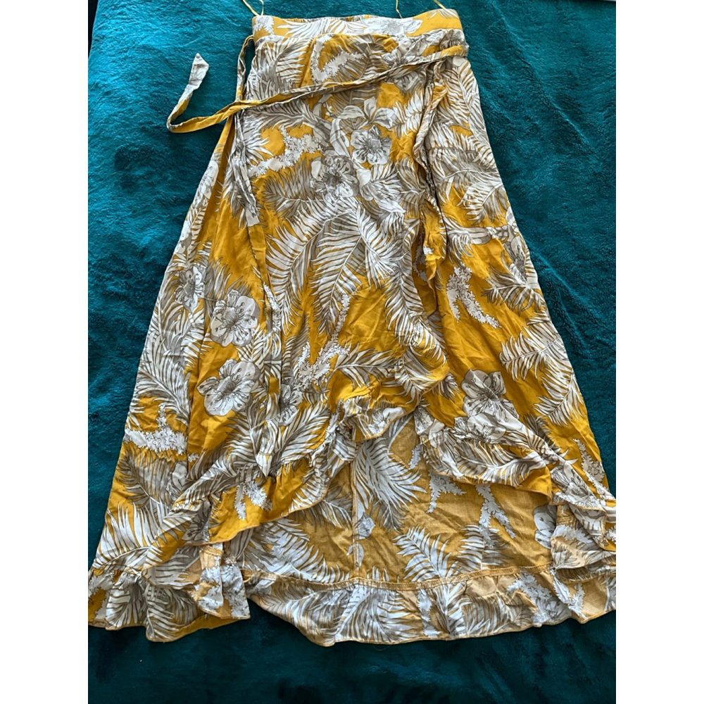 Solitaire Ruffle Front Maxi Skirt Yellow w Palms Elastic Waist Sash NWT Small - Picture 3 of 10